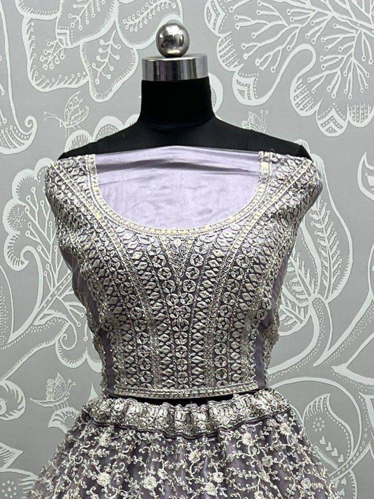 Stunning Grey Dori Work Net Engagement Wear Lehenga Choli