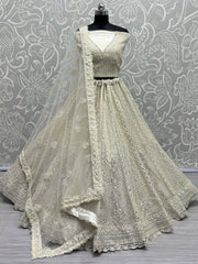 Captivating Cream Thread Work Net Reception Wear Lehenga Choli