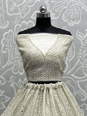 Captivating Cream Thread Work Net Reception Wear Lehenga Choli