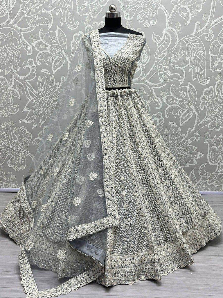 Charming Grey Embroidered Net Engagement Wear Lehenga Choli