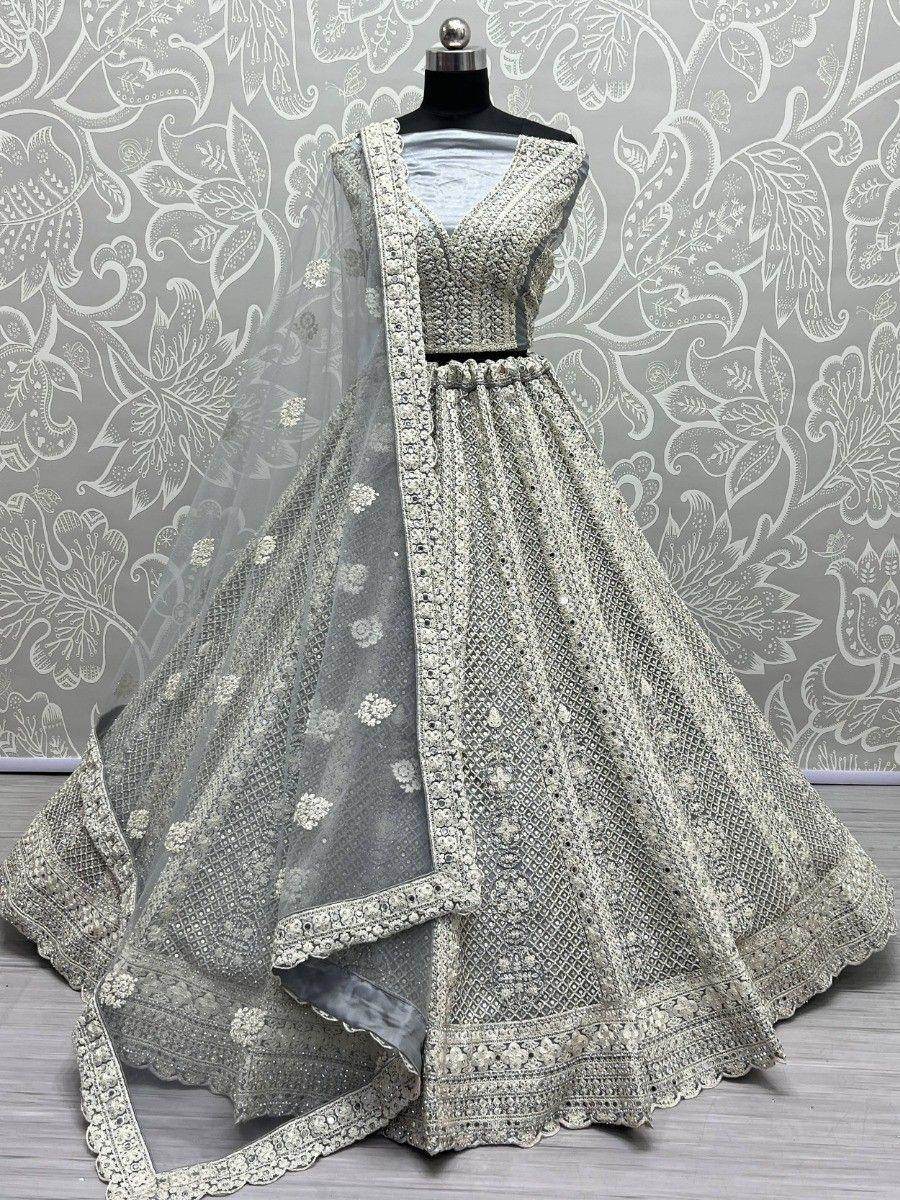 Charming Grey Embroidered Net Engagement Wear Lehenga Choli