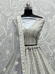 Charming Grey Embroidered Net Engagement Wear Lehenga Choli
