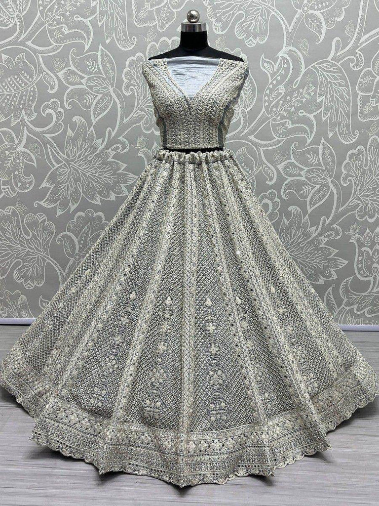 Charming Grey Embroidered Net Engagement Wear Lehenga Choli