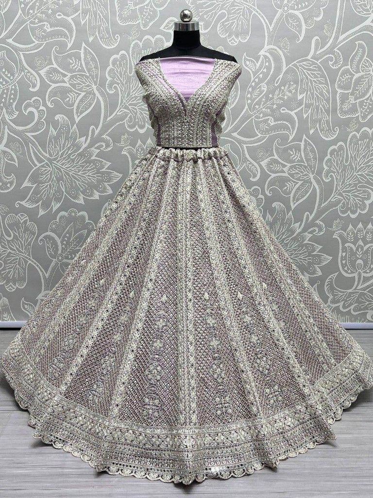 Fascinating Lavender Embroidered Net Lehenga Choli With Dupatta