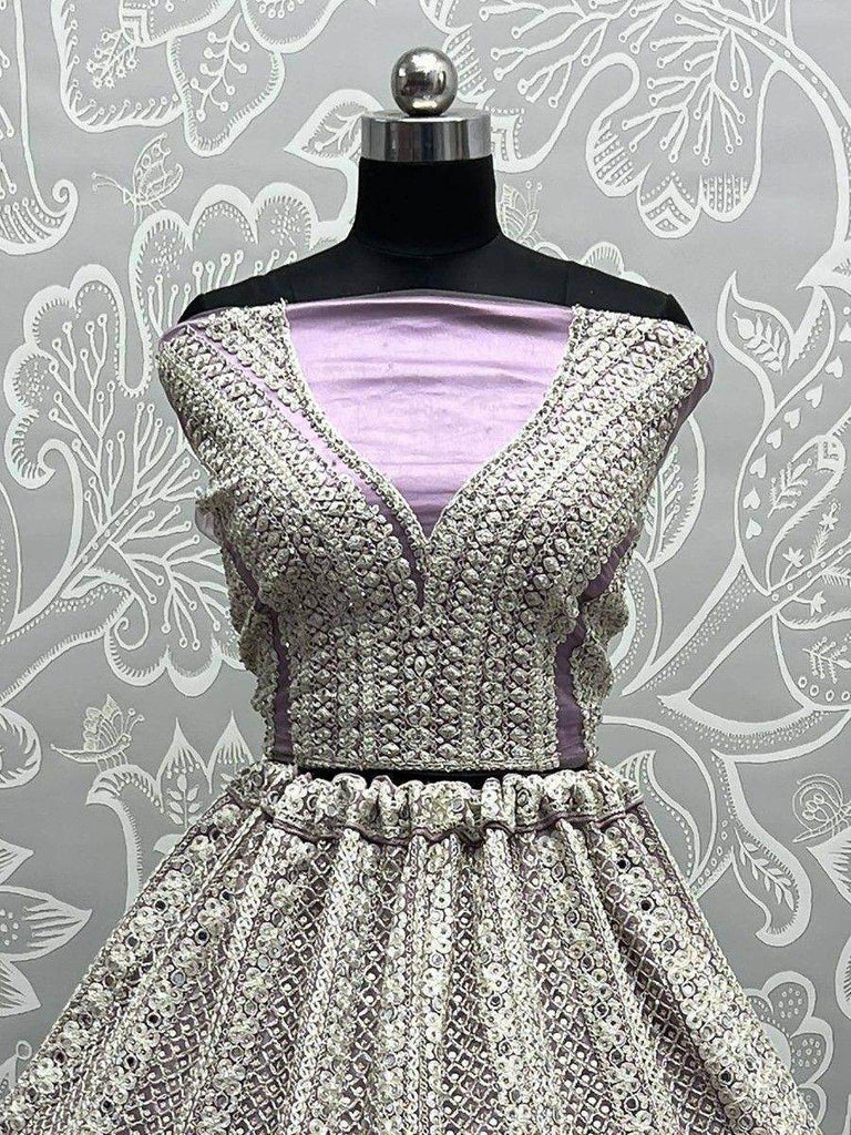 Fascinating Lavender Embroidered Net Lehenga Choli With Dupatta
