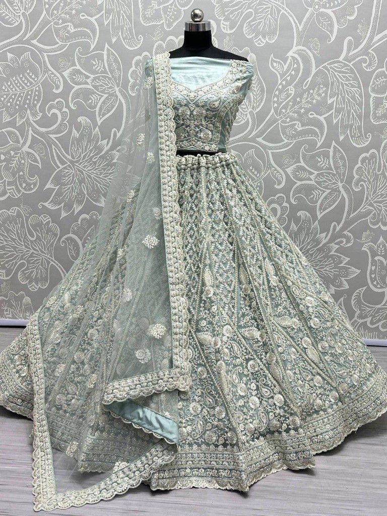Attractive Sky-Blue Dori Work Net Lehenga Choli With Dupatta