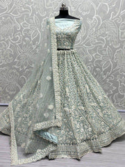 Attractive Sky-Blue Dori Work Net Lehenga Choli With Dupatta