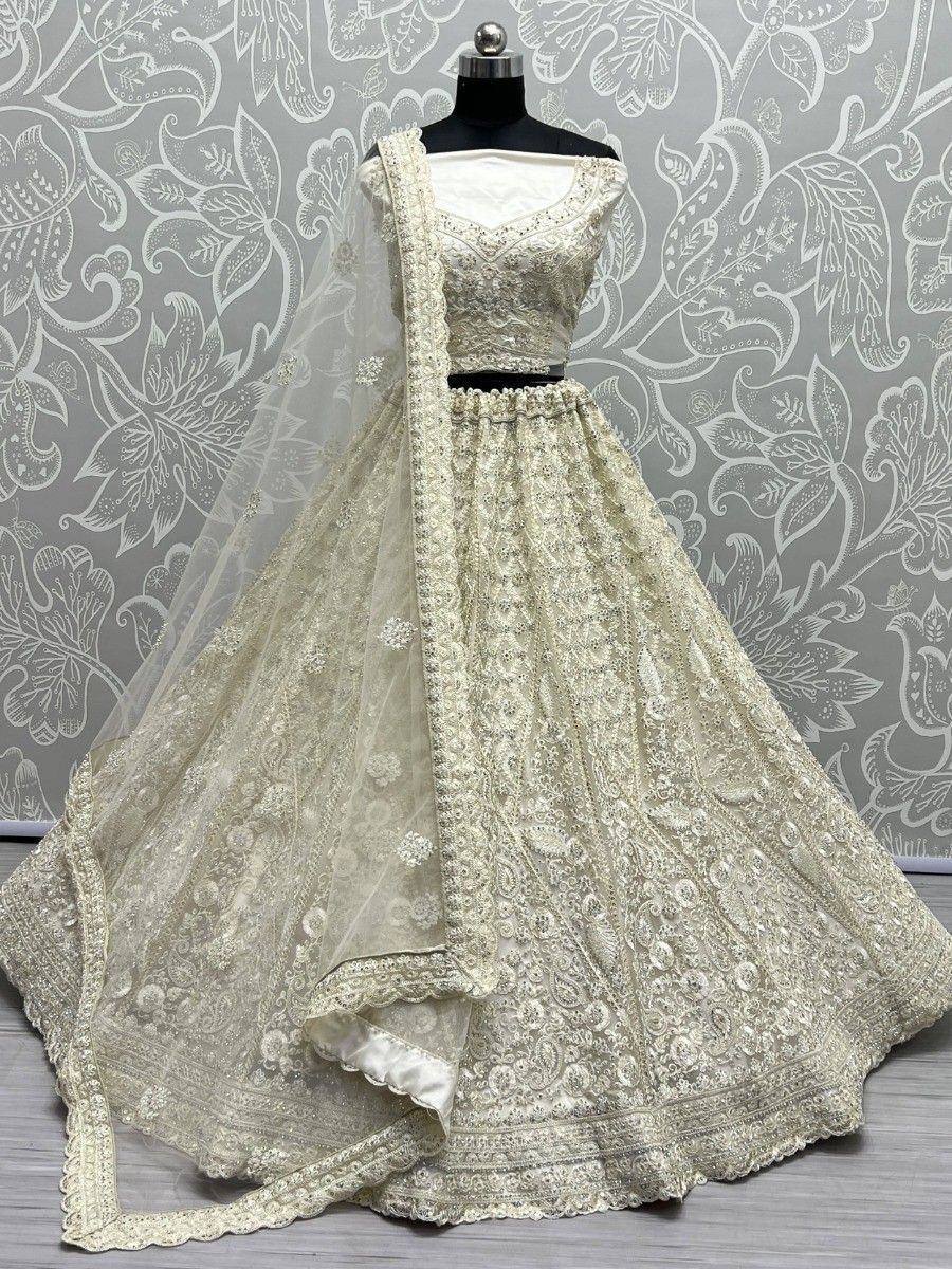 Ivory embroidered lehenga choli with dupatta, designer Indian ethnic wear for weddings and festivals