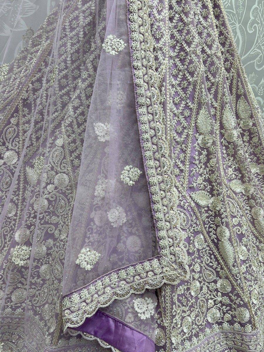 Lavender designer lehenga with gold embroidery and sheer dupatta, ethnic Indian wear