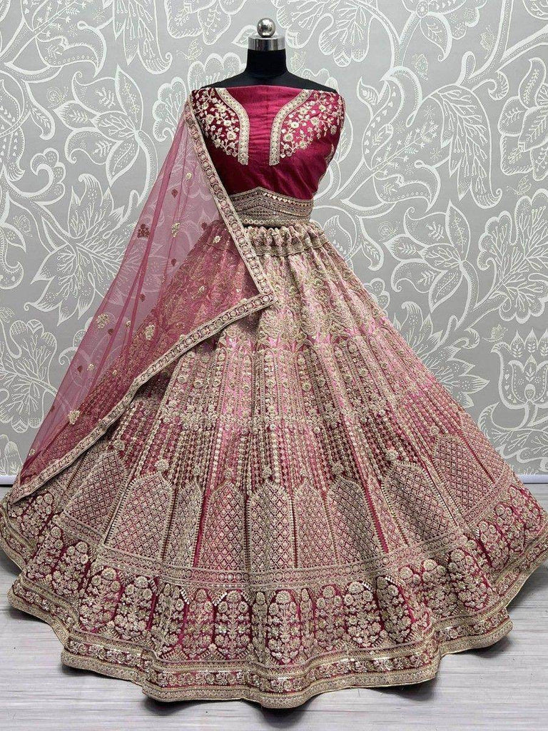 Amazing Pink Sequins Velvet Bridal Lehenga Choli With Double Dupatta