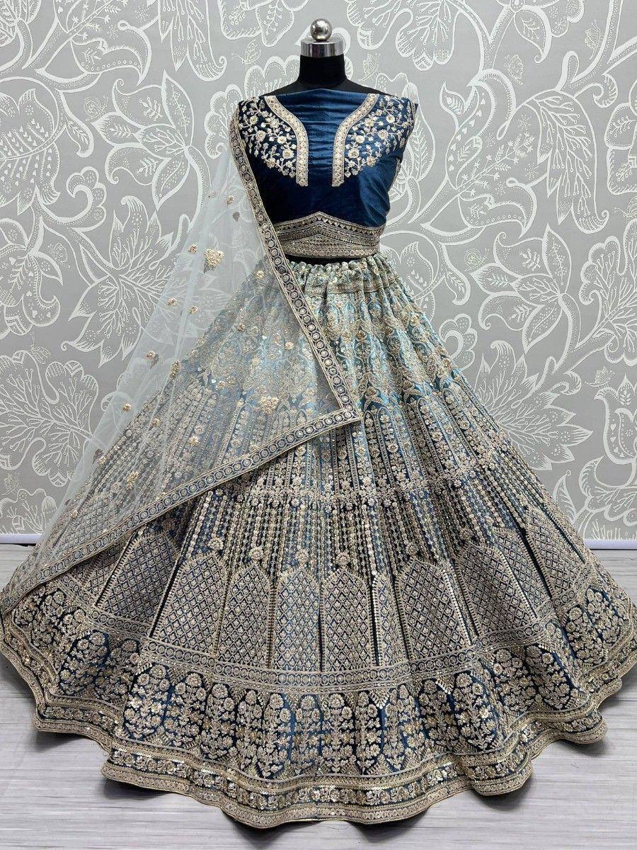 Blue and gold embroidered lehenga choli with net dupatta, Indian ethnic wear for weddings