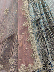Pretty Blue Embroidered Velvet Bridal Lehenga Choli With Double Dupatta
