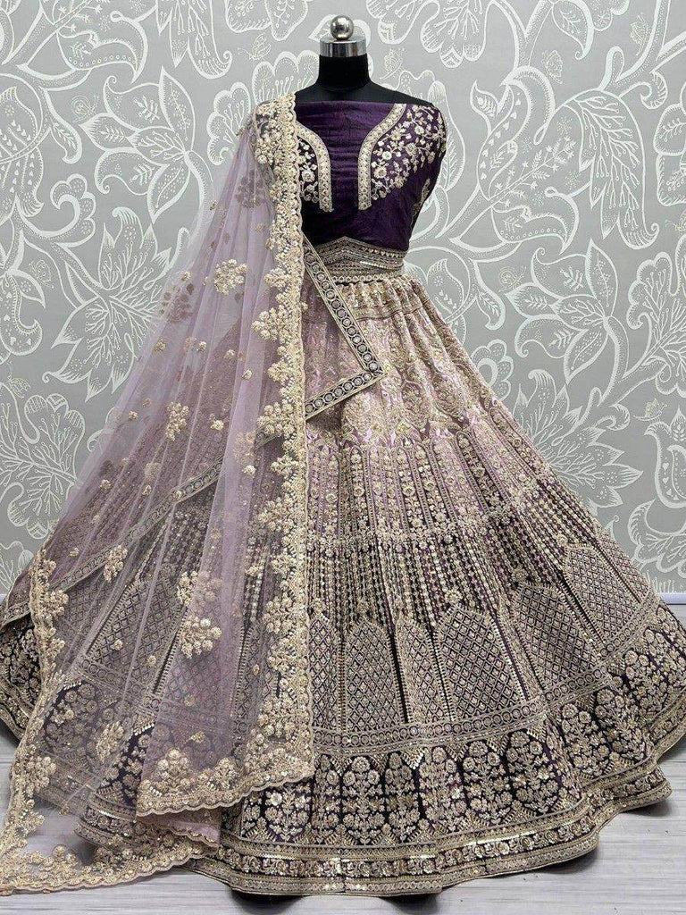 Gorgeous Purple Thread Work Velvet Lehenga Choli With Double Dupatta