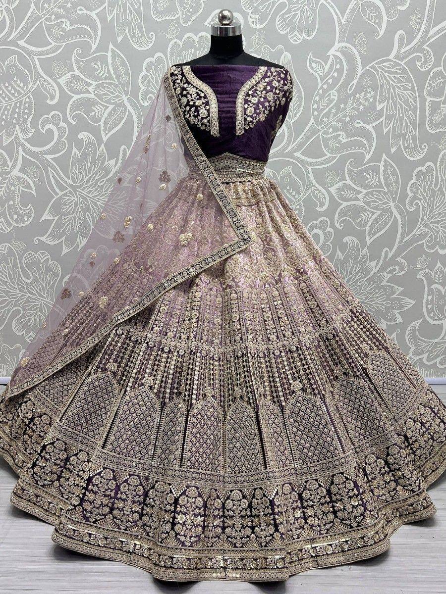 Purple and gold embroidered lehenga choli with dupatta, Indian ethnic wear for weddings and festivals
