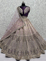 Gorgeous Purple Thread Work Velvet Lehenga Choli With Double Dupatta