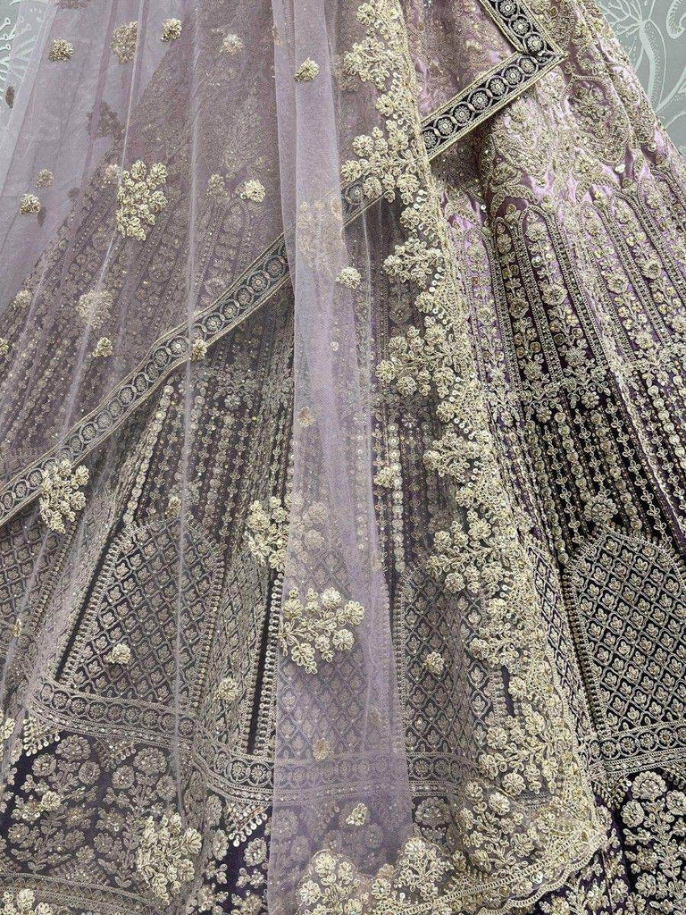 Gorgeous Purple Thread Work Velvet Lehenga Choli With Double Dupatta