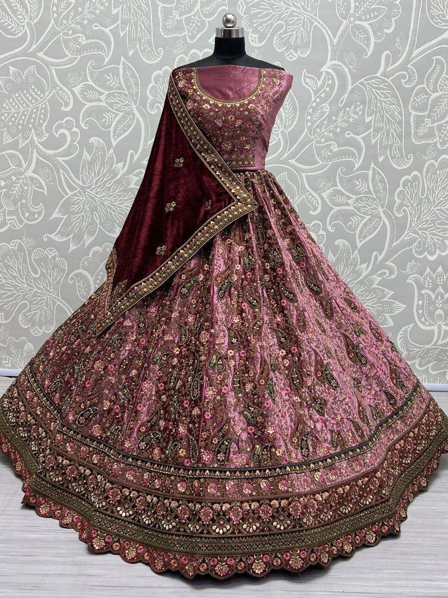 Pink and maroon embroidered lehenga choli with velvet dupatta, designer Indian ethnic wear