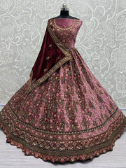 Lovely Dusty Pink Thread Work Velvet Lehenga Choli With Double Dupatta