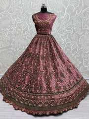 Lovely Dusty Pink Thread Work Velvet Lehenga Choli With Double Dupatta