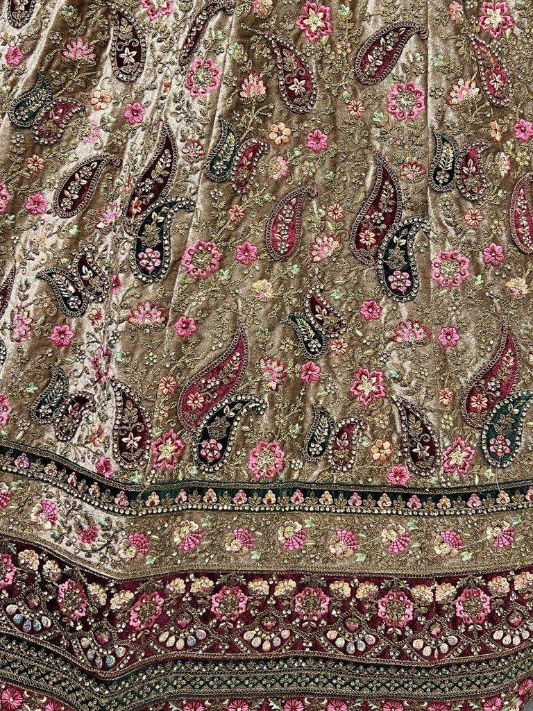 Cute Beige & Maroon Thread Work Velvet Bridal Lehenga Choli