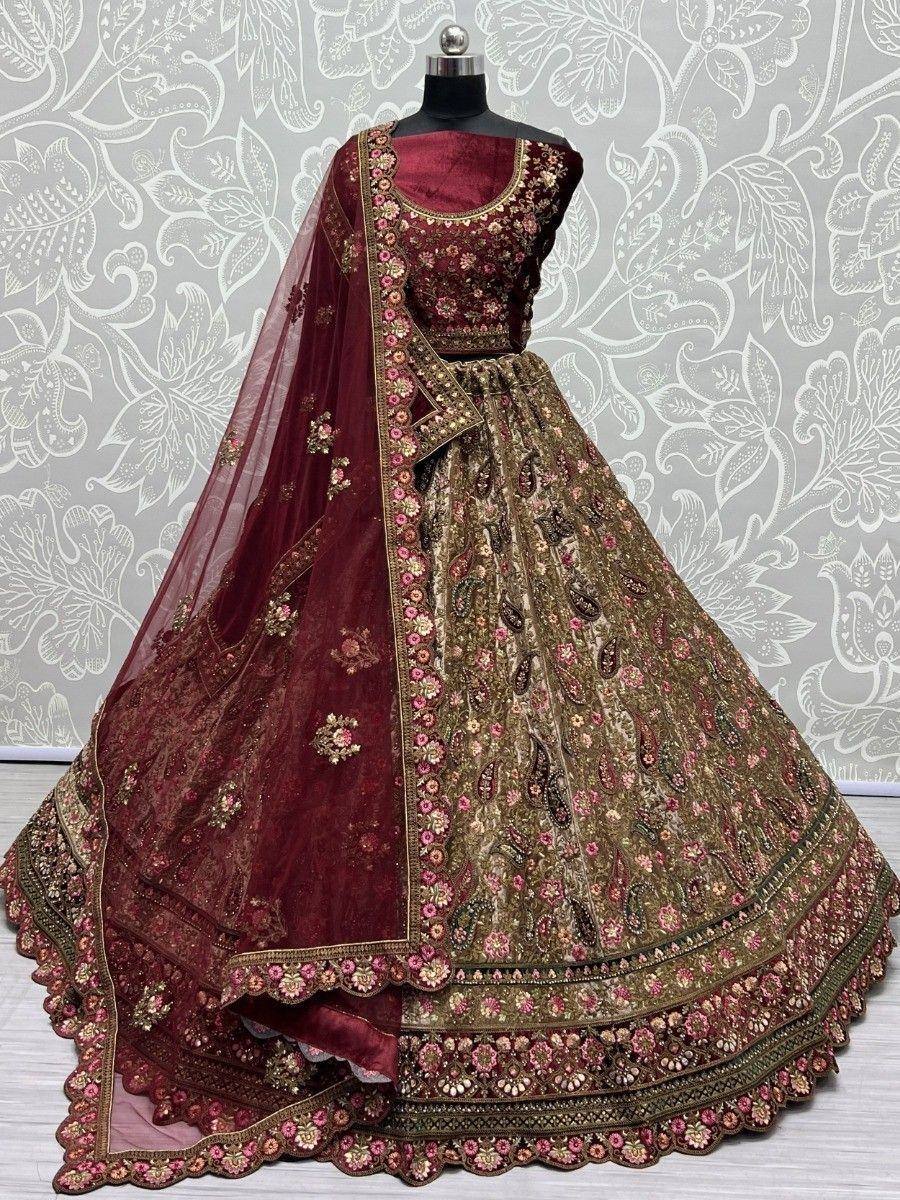 Maroon and gold embroidered lehenga choli with floral dupatta, designer Indian ethnic wear