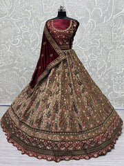 Cute Beige & Maroon Thread Work Velvet Bridal Lehenga Choli