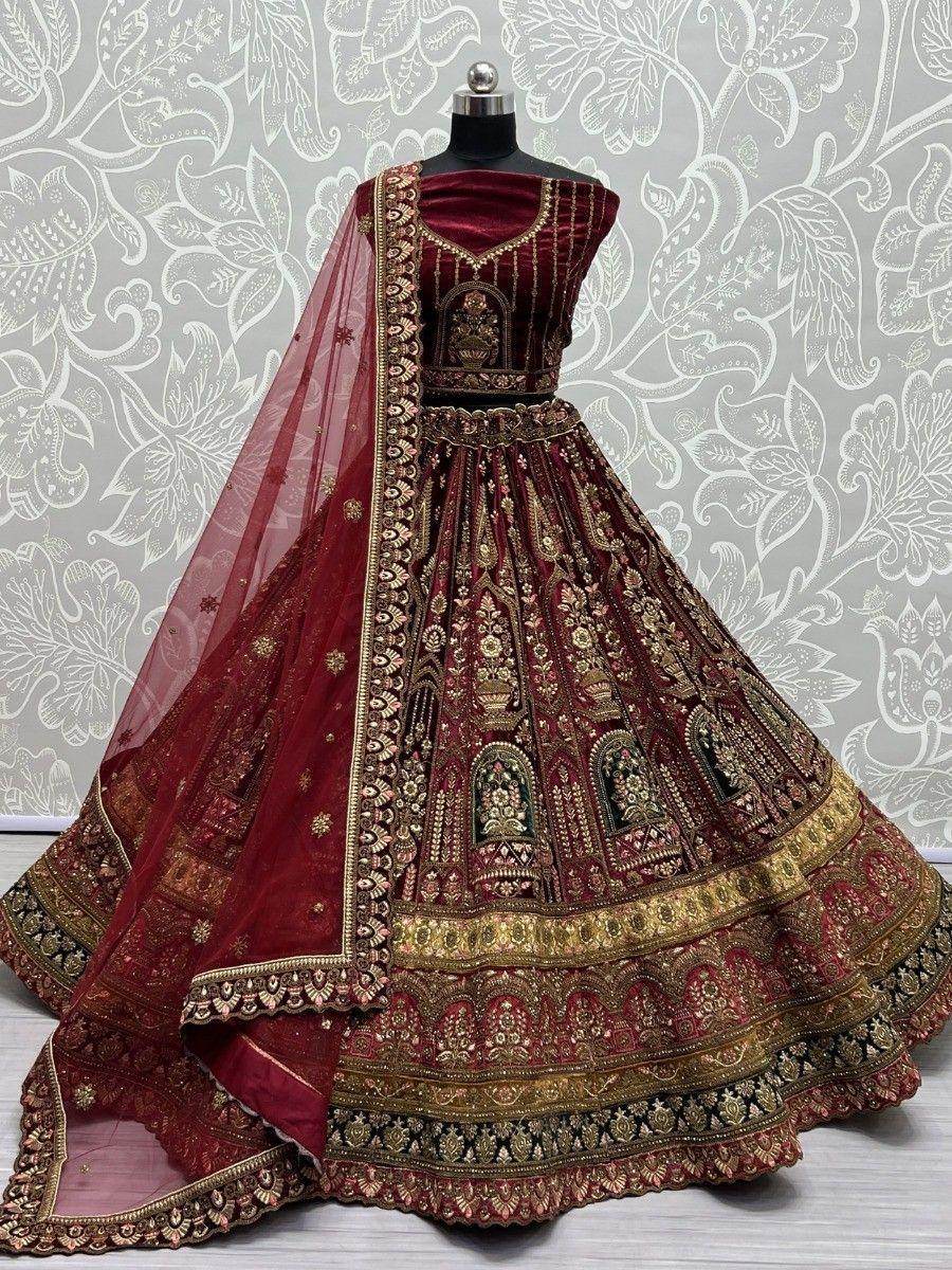 Lovable Maroon Thread Work Velvet Bridal Lehenga Choli With Dupatta