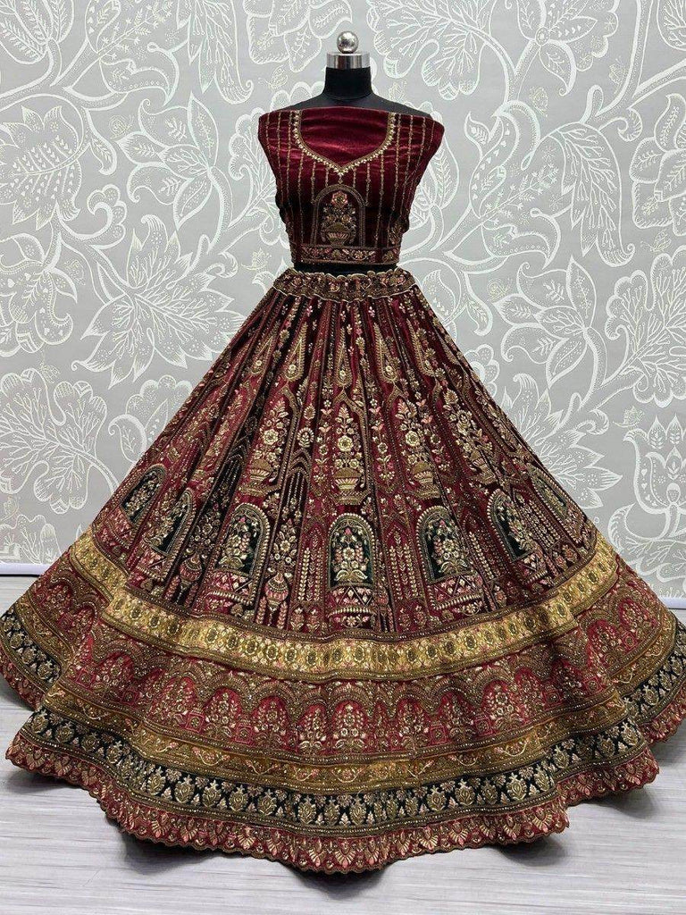 Lovable Maroon Thread Work Velvet Bridal Lehenga Choli With Dupatta