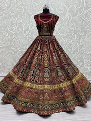 Lovable Maroon Thread Work Velvet Bridal Lehenga Choli With Dupatta