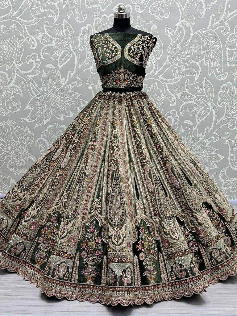 Attractive Green Multi-Thread Work Velvet Bridal Wear Lehenga Choli