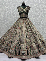 Attractive Green Multi-Thread Work Velvet Bridal Wear Lehenga Choli