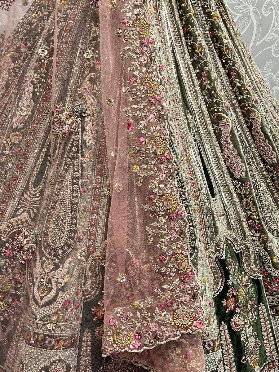 Elegant Indian lehenga choli with intricate floral embroidery and sequin detailing, perfect for weddings and festive occasions.