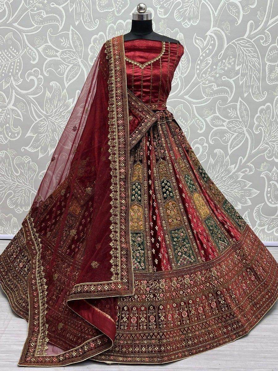 Lovely Maroon Thread Work Velvet Lehenga Choli With Double Dupatta