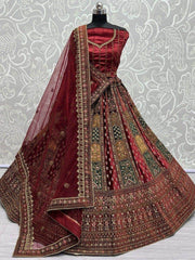 Lovely Maroon Thread Work Velvet Lehenga Choli With Double Dupatta