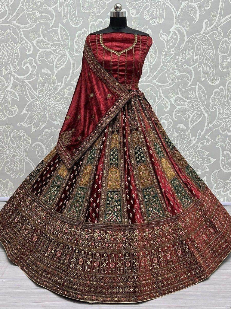 Lovely Maroon Thread Work Velvet Lehenga Choli With Double Dupatta