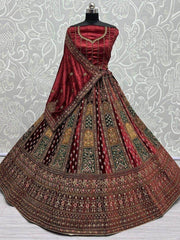 Lovely Maroon Thread Work Velvet Lehenga Choli With Double Dupatta