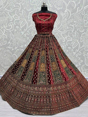 Lovely Maroon Thread Work Velvet Lehenga Choli With Double Dupatta
