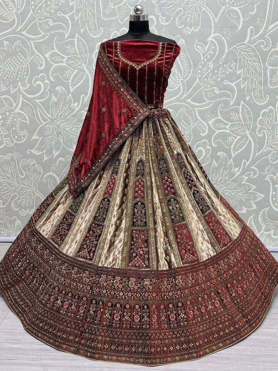 Maroon velvet lehenga choli with gold embroidery, designer Indian ethnic wear for weddings