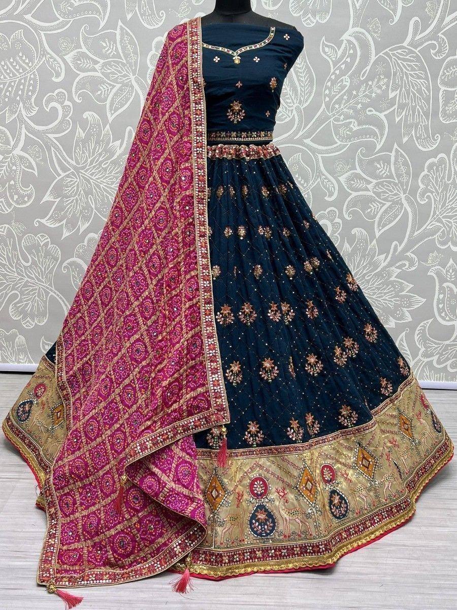 Dark blue embroidered lehenga choli with pink dupatta, Indian ethnic wear for weddings and festivals