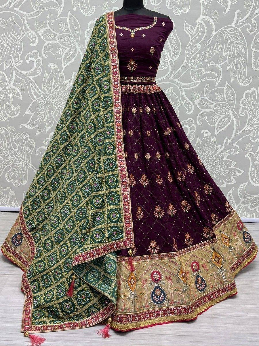 Purple designer lehenga choli with green dupatta, ethnic Indian wear for weddings and festivals