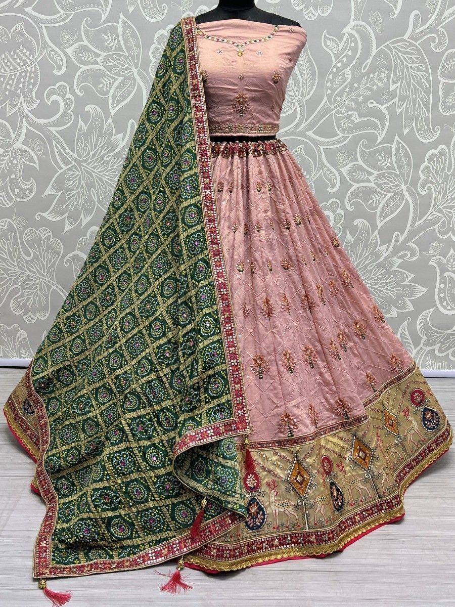 Pink designer lehenga choli with green dupatta, ethnic wear for weddings and festivals