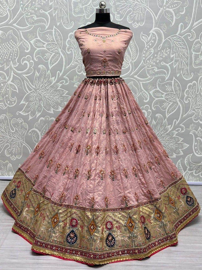 Tantalizing Peach Sequins Silk Wedding Wear Lehenga Choli With Dupatta