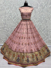 Tantalizing Peach Sequins Silk Wedding Wear Lehenga Choli With Dupatta