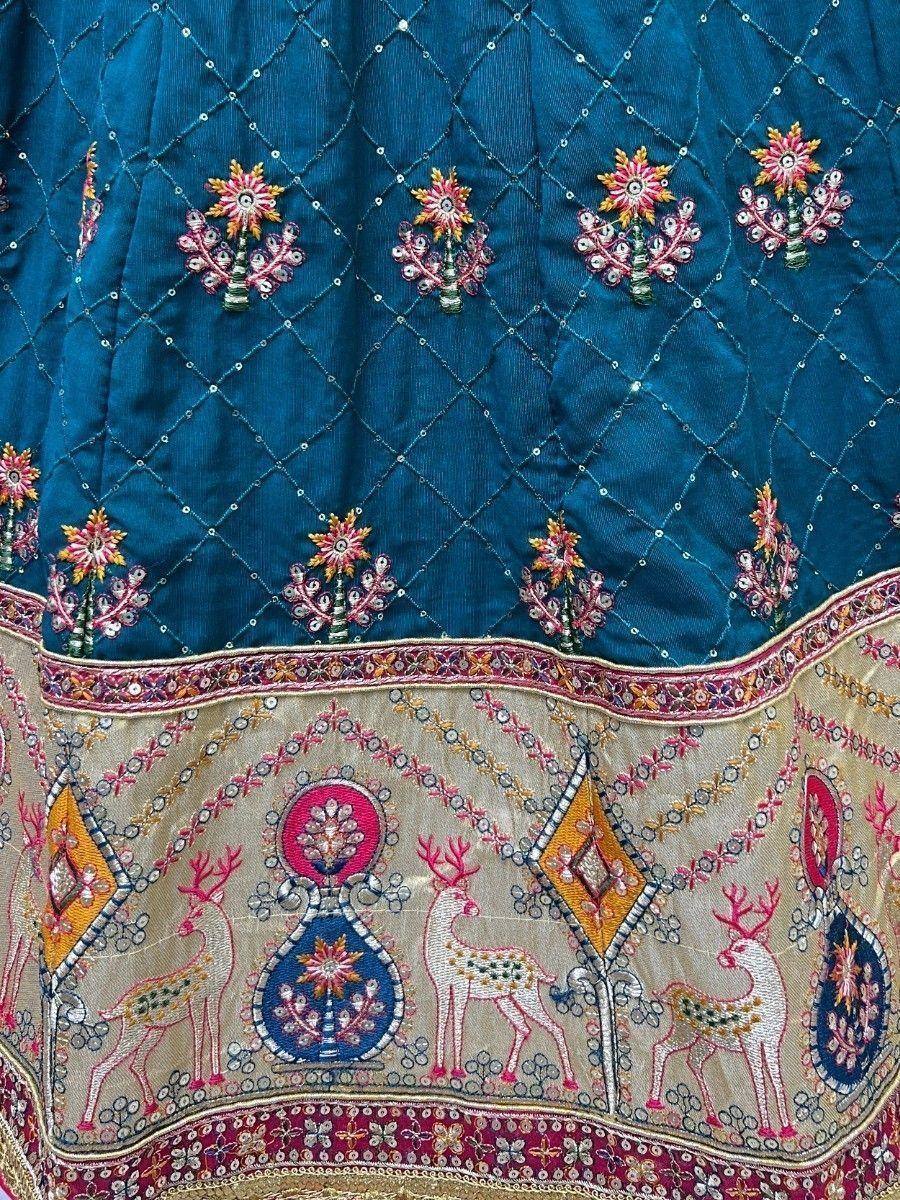 Blue embroidered lehenga with deer motifs and floral sequin work, Indian ethnic wear