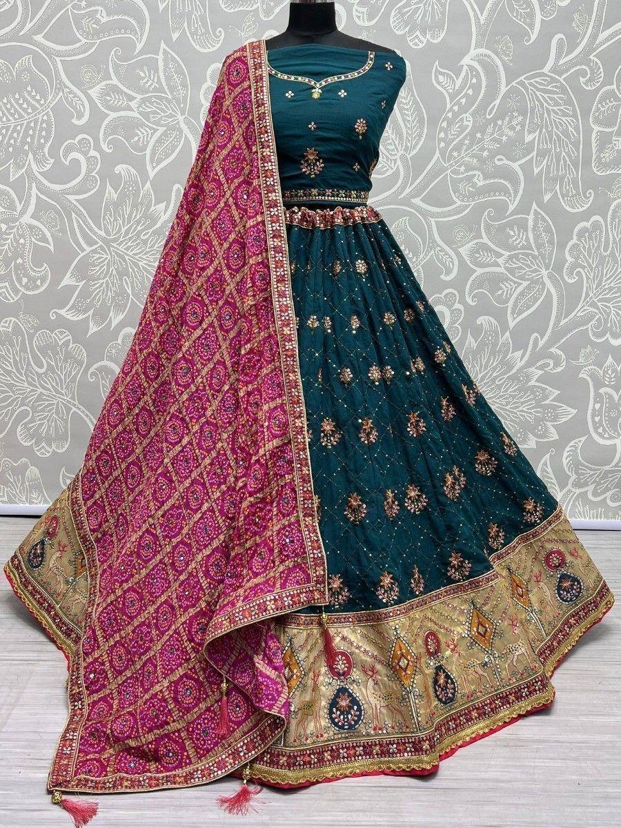 Teal designer lehenga choli with pink dupatta, ethnic Indian wear for weddings and festivals