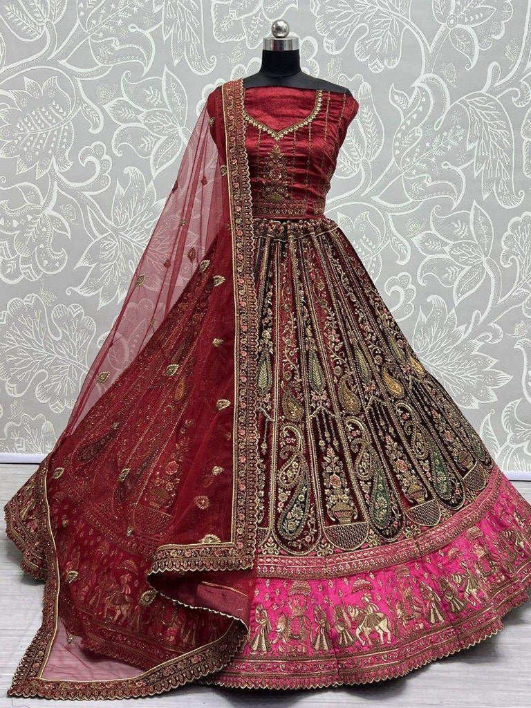 Adorable Maroon Multi-Thread Work Velvet Bridal Wear Lehenga Choli