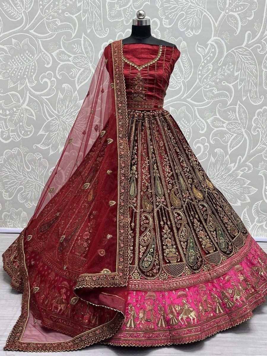 Maroon designer lehenga choli with gold embroidery and pink border, perfect for weddings and festivals
