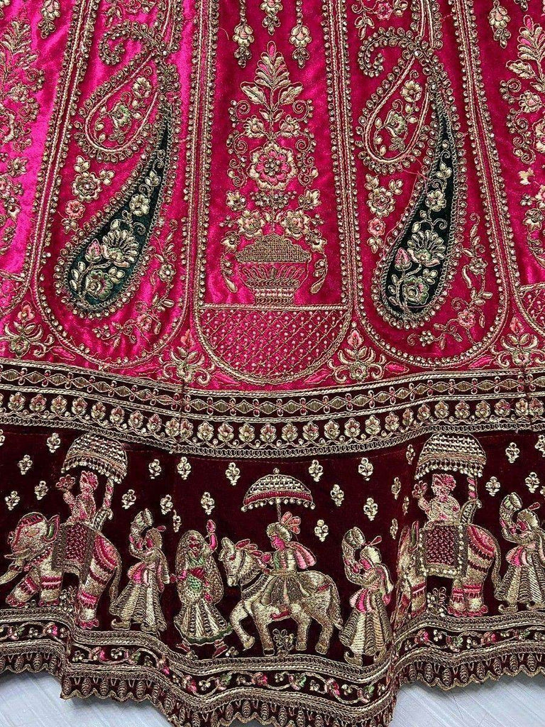 Charming Rani Pink Multi-Thread Work Velvet Bridal Lehenga Choli