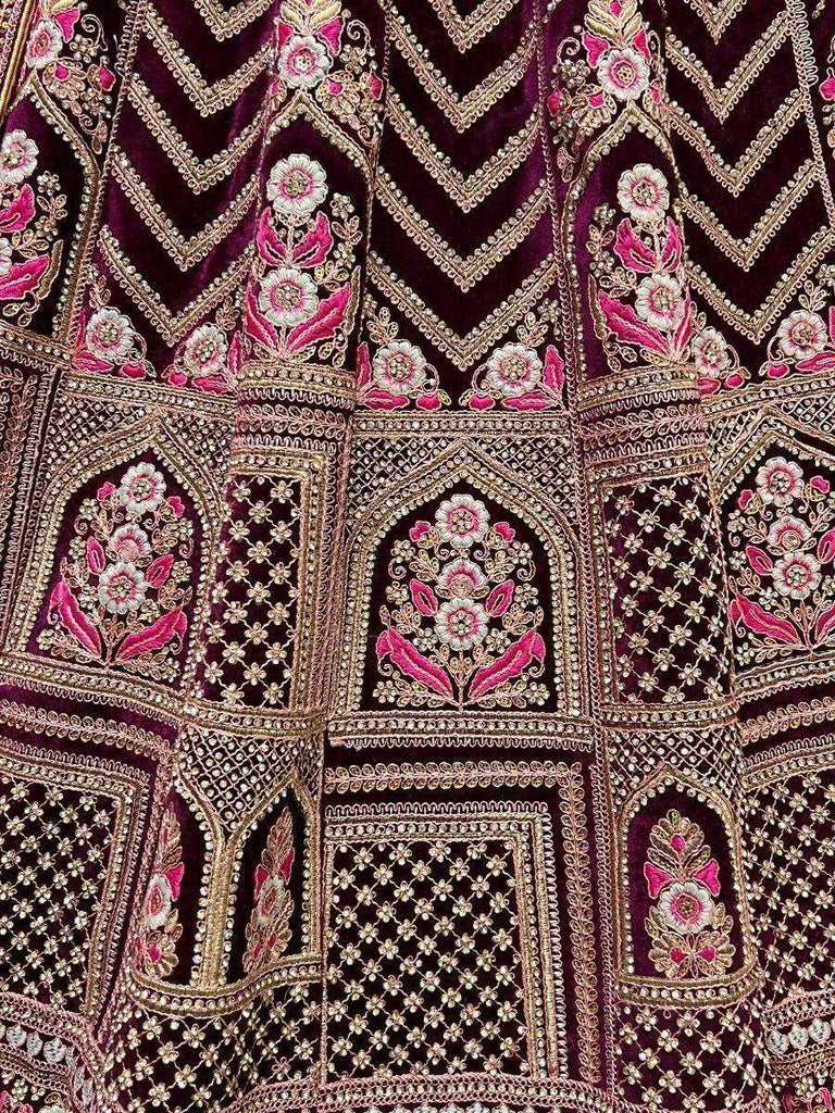 Gorgeous Wine Dori Work Velvet Bridal Lehenga Choli With Dupatta