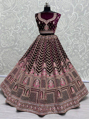 Gorgeous Wine Dori Work Velvet Bridal Lehenga Choli With Dupatta